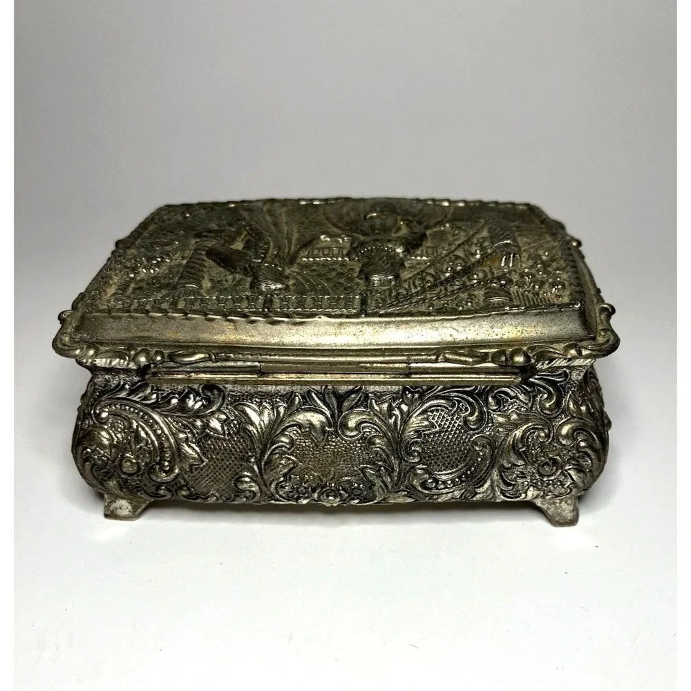 Vintage Japan Ornate Silver Tone Jewelry Trinket Box Victorian Courting Velvet